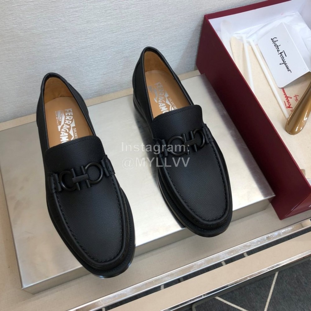 Ferragamo Black Calf Leather Gancini Buckle Shoes For Men