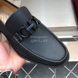Ferragamo Black Calf Leather Gancini Buckle Shoes For Men