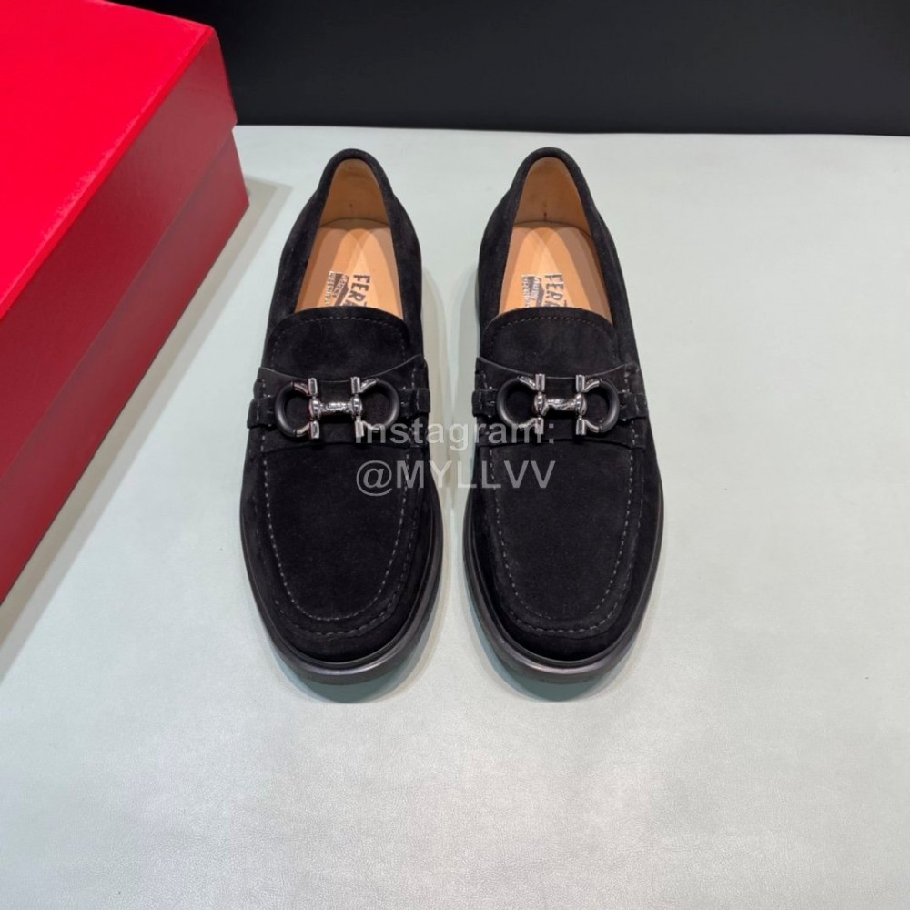 Ferragamo Velvet Cowhide Gancini Buckle Shoes For Men Black