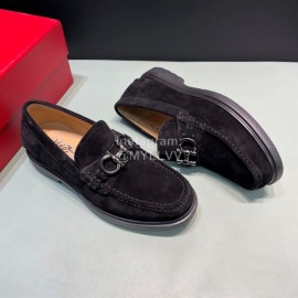 Ferragamo Velvet Cowhide Gancini Buckle Shoes For Men Black