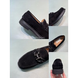 Ferragamo Velvet Cowhide Gancini Buckle Shoes For Men Black