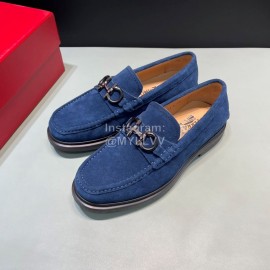 Ferragamo Velvet Cowhide Gancini Buckle Shoes For Men Blue