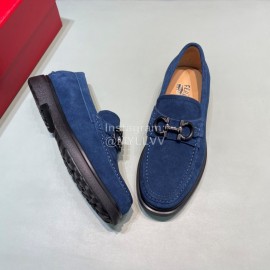 Ferragamo Velvet Cowhide Gancini Buckle Shoes For Men Blue