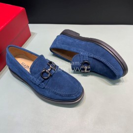 Ferragamo Velvet Cowhide Gancini Buckle Shoes For Men Blue