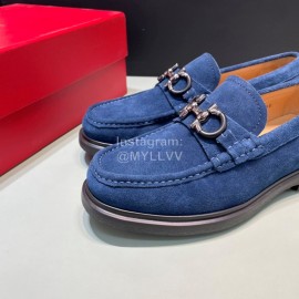 Ferragamo Velvet Cowhide Gancini Buckle Shoes For Men Blue