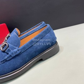 Ferragamo Velvet Cowhide Gancini Buckle Shoes For Men Blue
