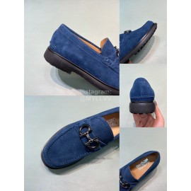 Ferragamo Velvet Cowhide Gancini Buckle Shoes For Men Blue