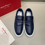 Ferragamo Fashion Calf Leather Casual Loafers For Men Navy