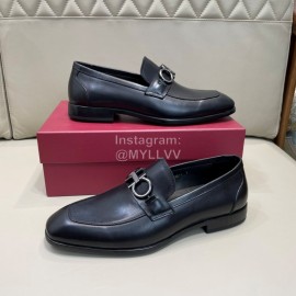 Ferragamo Soft Calf Leather Gancini Buckle Shoes For Men Black