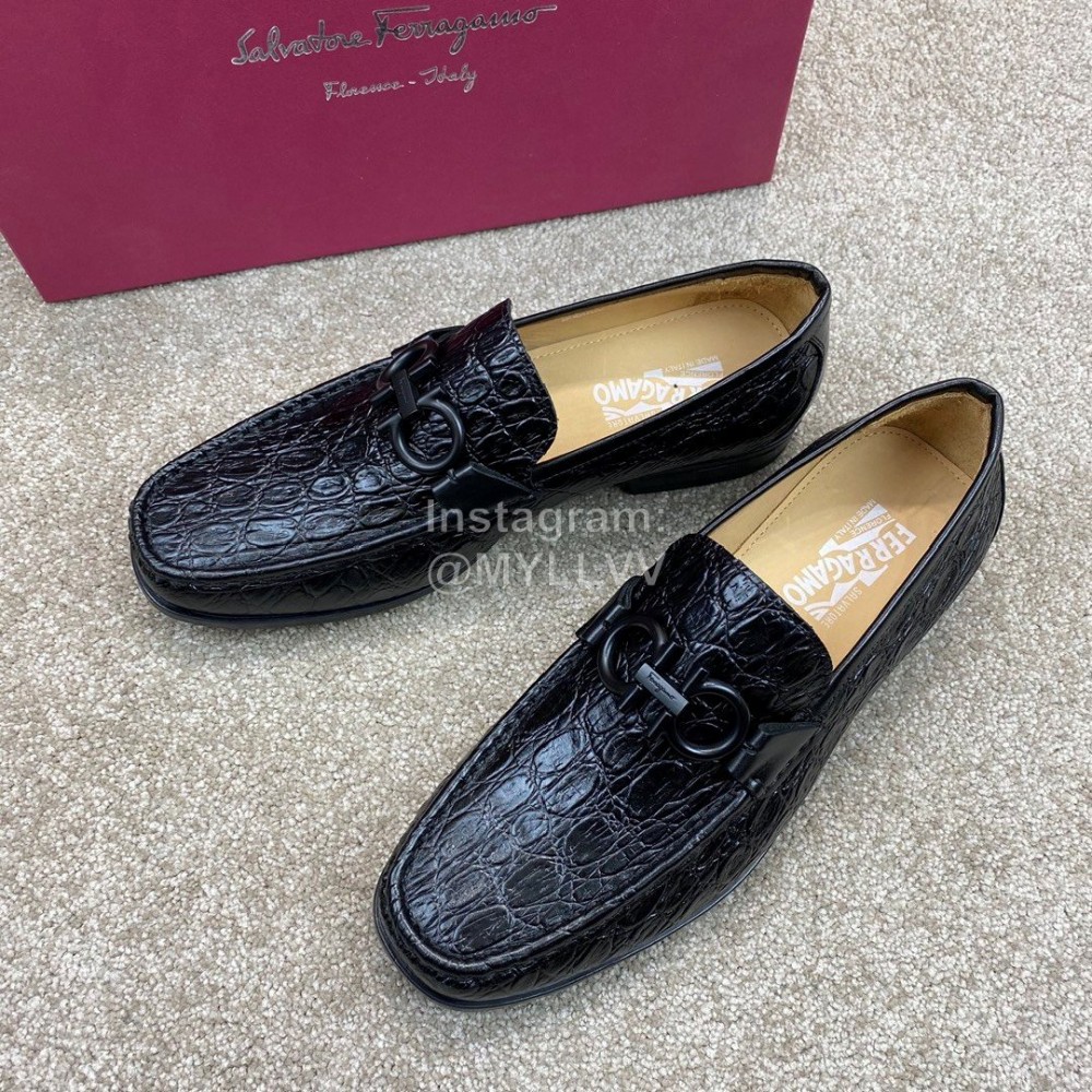 Ferragamo Soft Calf Leather Casual Loafers Black For Men 