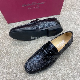 Ferragamo Soft Calf Leather Casual Loafers Black For Men 