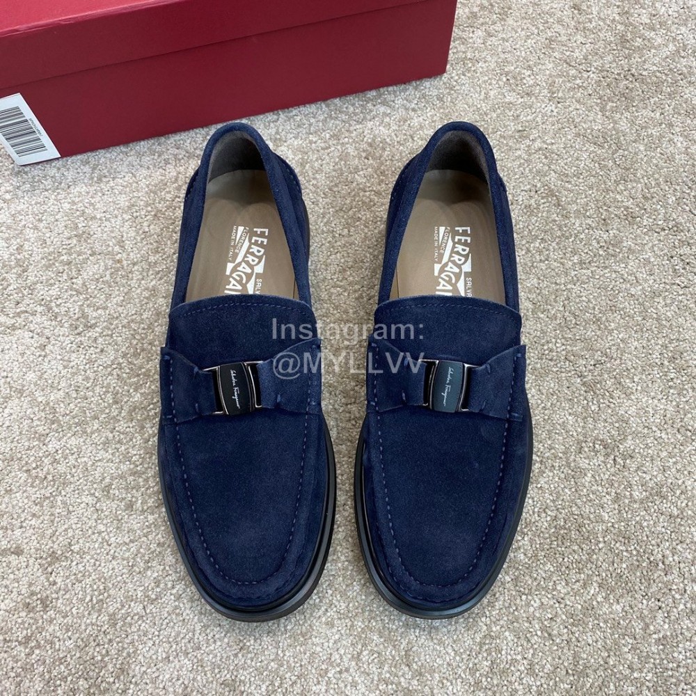 Ferragamo Velvet Calf Leather Metal Buckle Business Loafers For Men Navy
