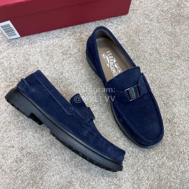 Ferragamo Velvet Calf Leather Metal Buckle Business Loafers For Men Navy
