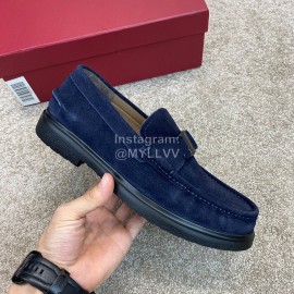 Ferragamo Velvet Calf Leather Metal Buckle Business Loafers For Men Navy