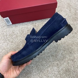 Ferragamo Velvet Calf Leather Metal Buckle Business Loafers For Men Navy