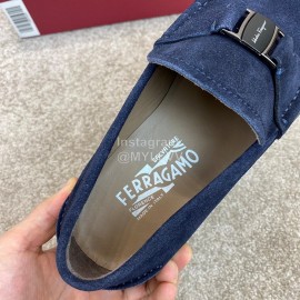 Ferragamo Velvet Calf Leather Metal Buckle Business Loafers For Men Navy