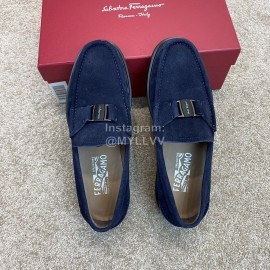 Ferragamo Velvet Calf Leather Metal Buckle Business Loafers For Men Navy