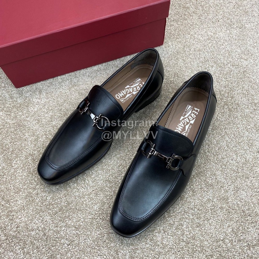Ferragamo Classic Calf Leather Gancini Buckle Business Loafers Black For Men 
