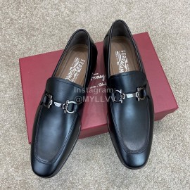 Ferragamo Classic Calf Leather Gancini Buckle Business Loafers Black For Men 