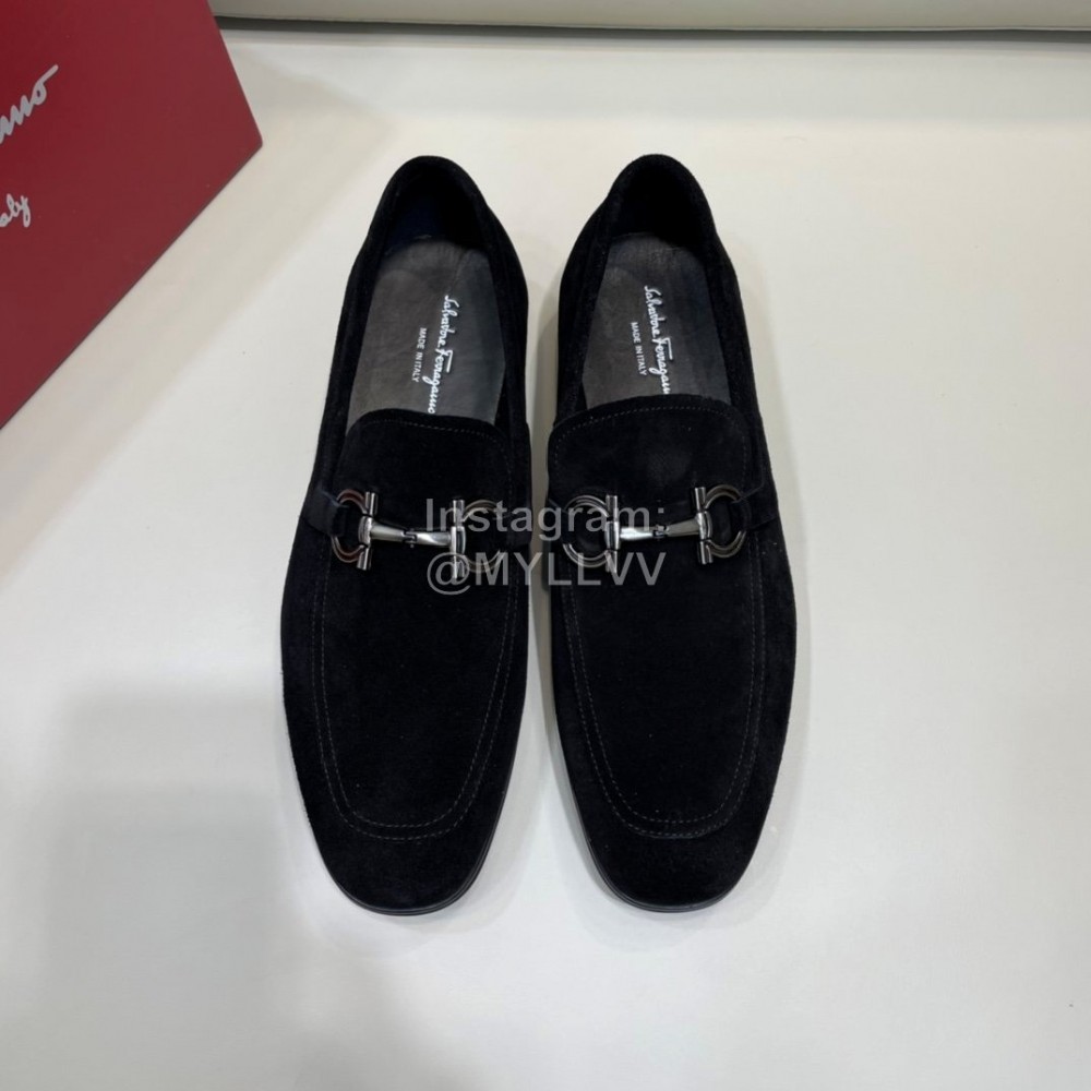 Ferragamo Velvet Cowhide Gancini Buckle Business Loafers For Men Black