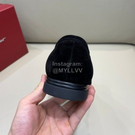 Ferragamo Velvet Cowhide Gancini Buckle Business Loafers For Men Black