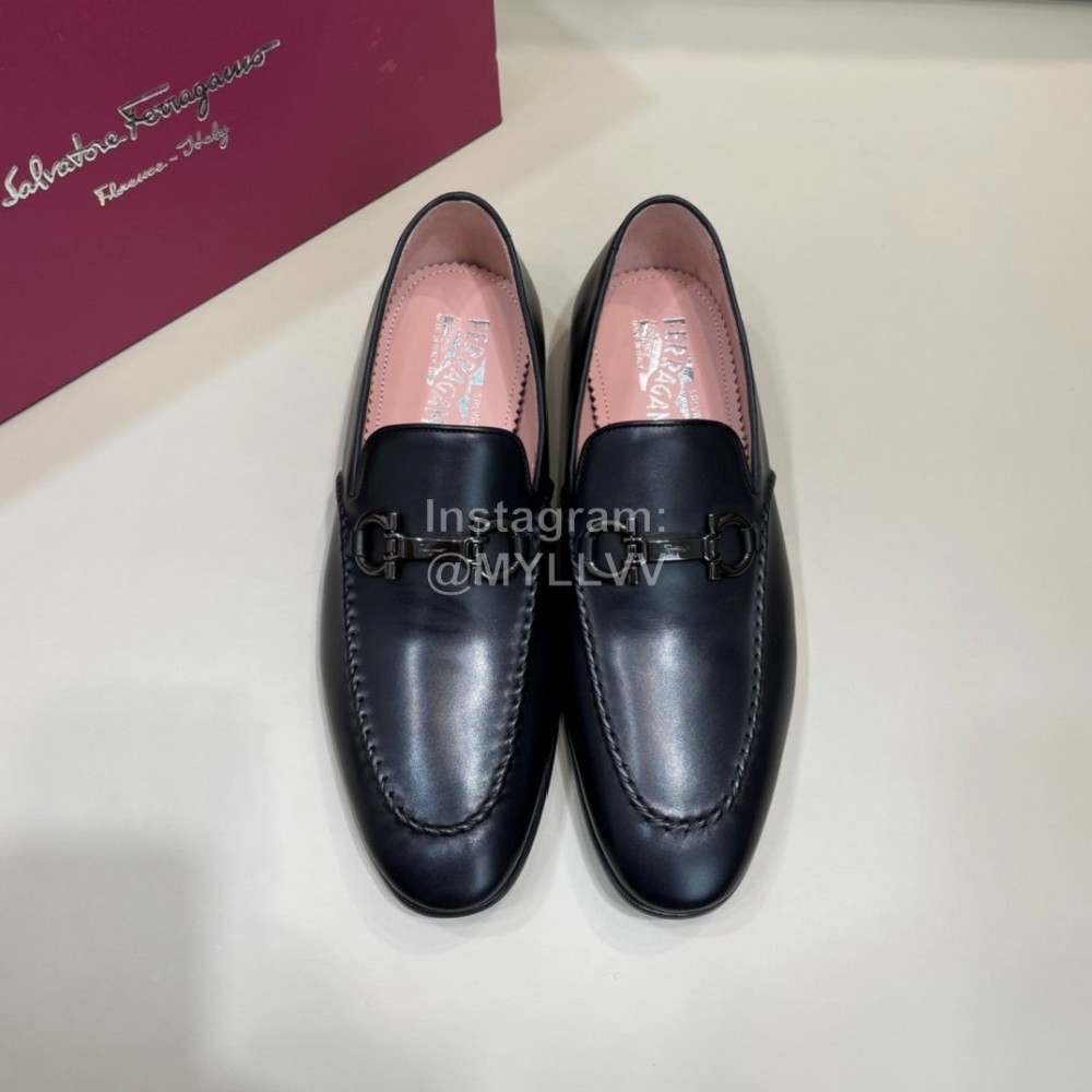 Ferragamo Leather Gancini Buckle Business Shoes For Men Black