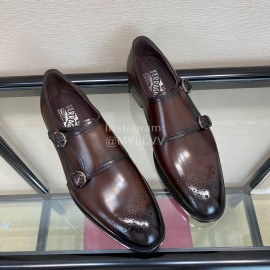 Ferragamo Cowhide Metal Buckle Business Shoes For Men Coffee