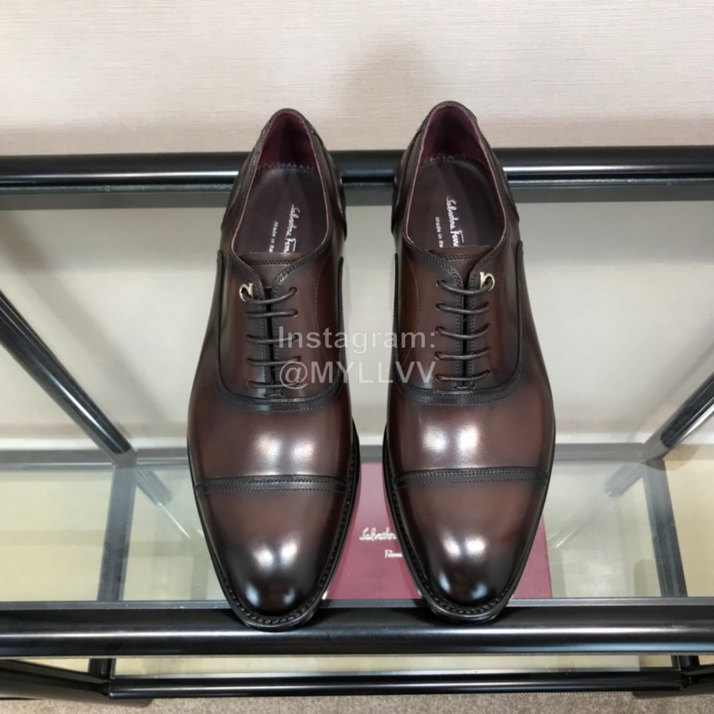 Ferragamo Coffee Cowhide Metal Buckle Business Shoes For Men
