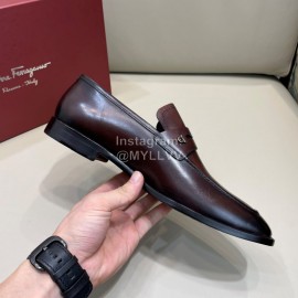 Ferragamo Calf Leather Business Loafers For Men Reddish Brown