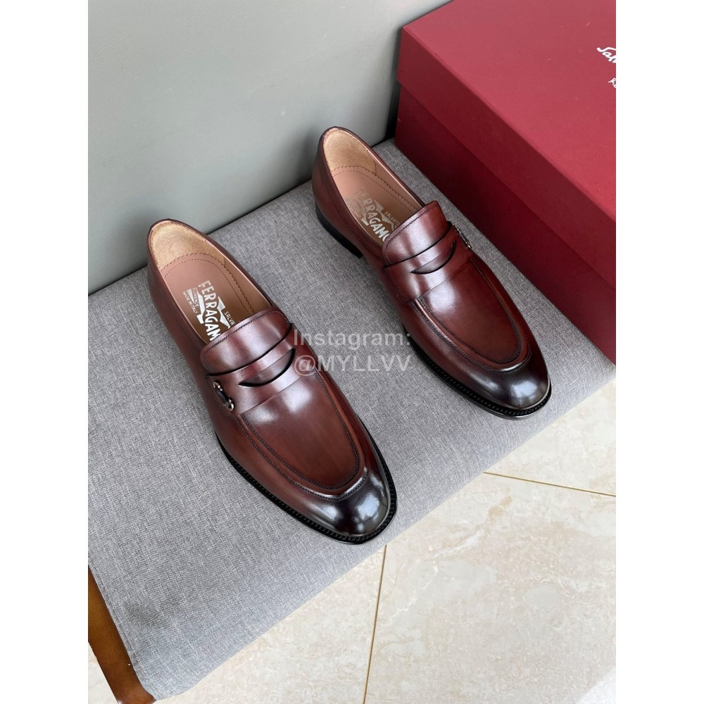 Ferragamo Brown Calf Leather Business Loafers For Men 