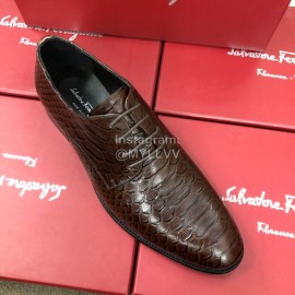 Ferragamo Calf Leather Lace Up Business Shoes For Men Brown
