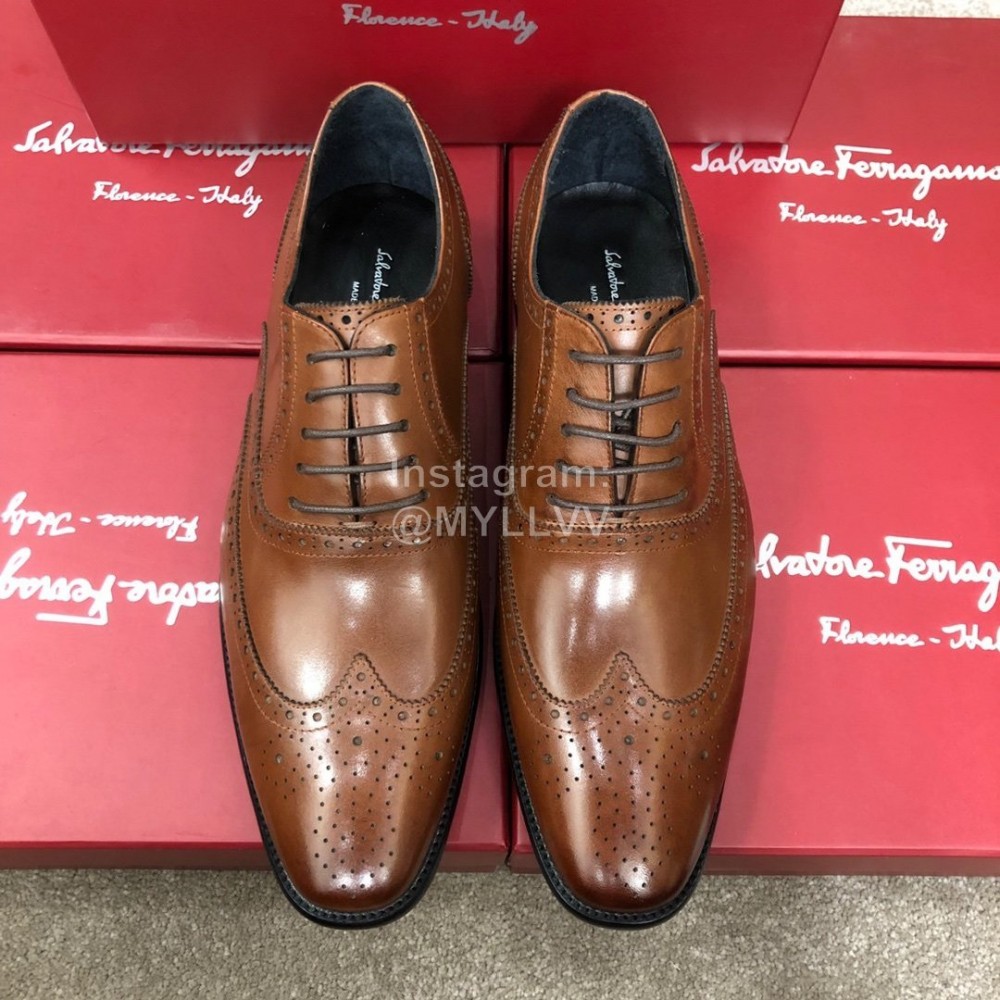Ferragamo Brown Calf Leather Lace Up Business Shoes For Men