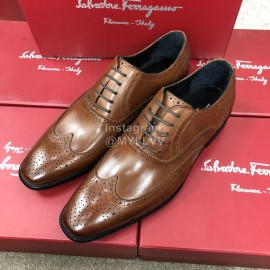 Ferragamo Brown Calf Leather Lace Up Business Shoes For Men