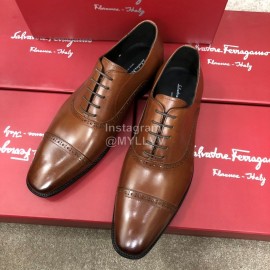 Ferragamo Lace Up Calf Leather Business Shoes For Men Brown