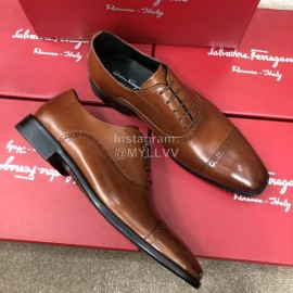 Ferragamo Lace Up Calf Leather Business Shoes For Men Brown