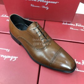 Ferragamo Lace Up Calf Leather Business Shoes For Men Brown