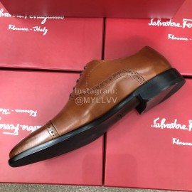 Ferragamo Lace Up Calf Leather Business Shoes For Men Brown