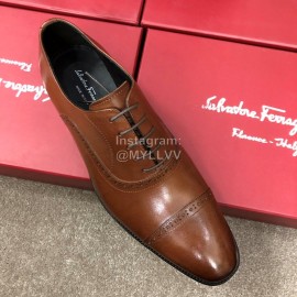Ferragamo Lace Up Calf Leather Business Shoes For Men Brown