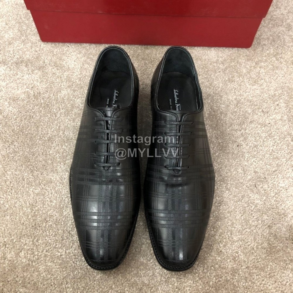 Ferragamo Plaid Cowhide Lace Up Business Shoes For Men Black