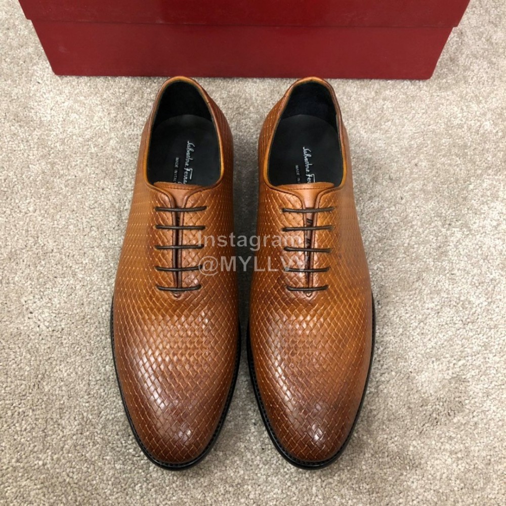 Ferragamo Lace Up Woven Cowhide Business Shoes For Men Brown