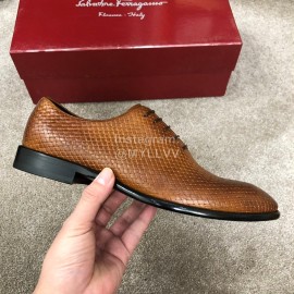 Ferragamo Lace Up Woven Cowhide Business Shoes For Men Brown