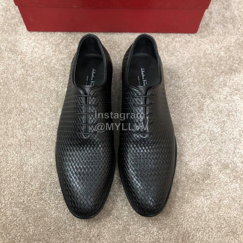 Ferragamo Lace Up Woven Cowhide Business Shoes For Men Black