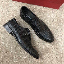 Ferragamo Lace Up Woven Cowhide Business Shoes For Men Black