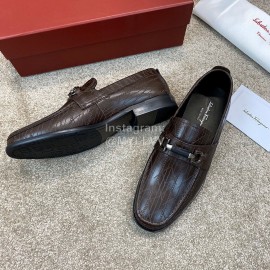Ferragamo Calf Leather Gancini Buckle Business Shoes Coffee For Men 