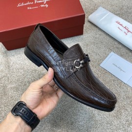Ferragamo Calf Leather Gancini Buckle Business Shoes Coffee For Men 
