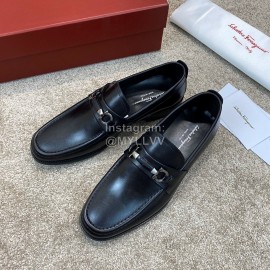 Ferragamo Black Calf Leather Gancini Buckle Business Shoes For Men 