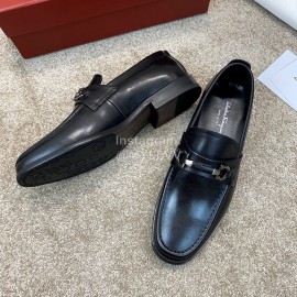 Ferragamo Black Calf Leather Gancini Buckle Business Shoes For Men 