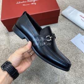 Ferragamo Black Calf Leather Gancini Buckle Business Shoes For Men 