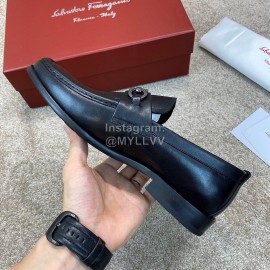 Ferragamo Black Calf Leather Gancini Buckle Business Shoes For Men 