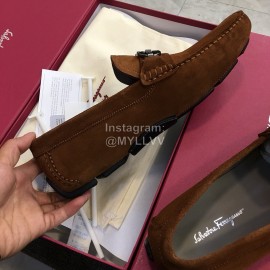 Ferragamo Fashion Leather Gancini Buckle Loafers For Men Brown